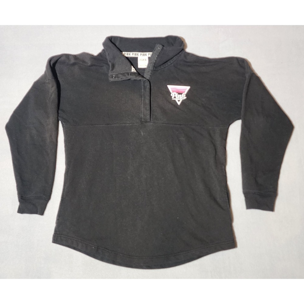 PINK Victoria Secret Women Large Quarter Zip‎ Sweatshirt Black Pullover Logo